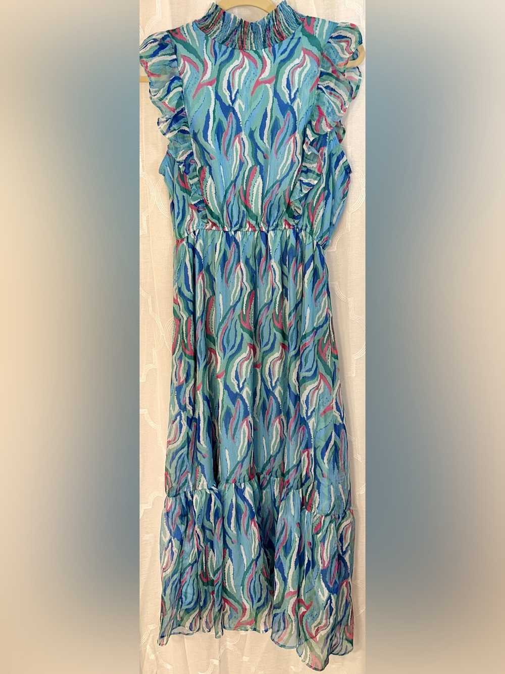 ee:some Smocked Ruffle Midi Maxi Dress Blue Green Abstract Boho Size Medium